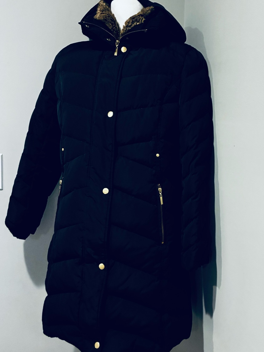 Cole Haan Black Quilted Puffer Coat with Faux Fur Trim